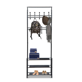 Multi-purpose Rack and Organizer Metal Entryway Coat Shoe Rack 3 Tier Shelves Entryway Hall Tree Black