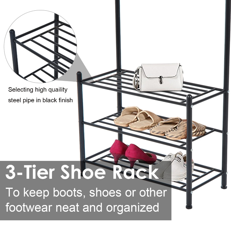 Multi-purpose Rack and Organizer Metal Entryway Coat Shoe Rack 3 Tier Shelves Entryway Hall Tree Black