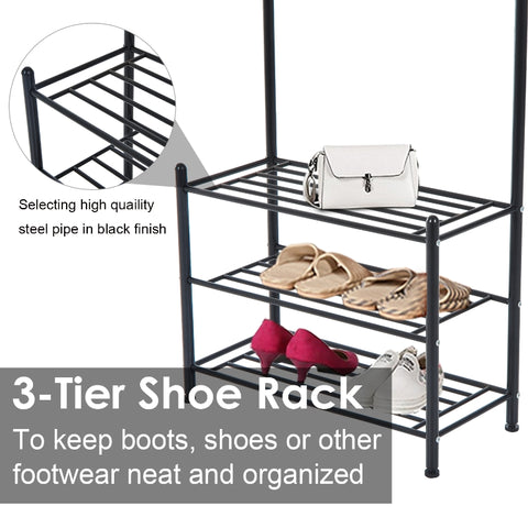 Image of Multi-purpose Rack and Organizer Metal Entryway Coat Shoe Rack 3 Tier Shelves Entryway Hall Tree Black