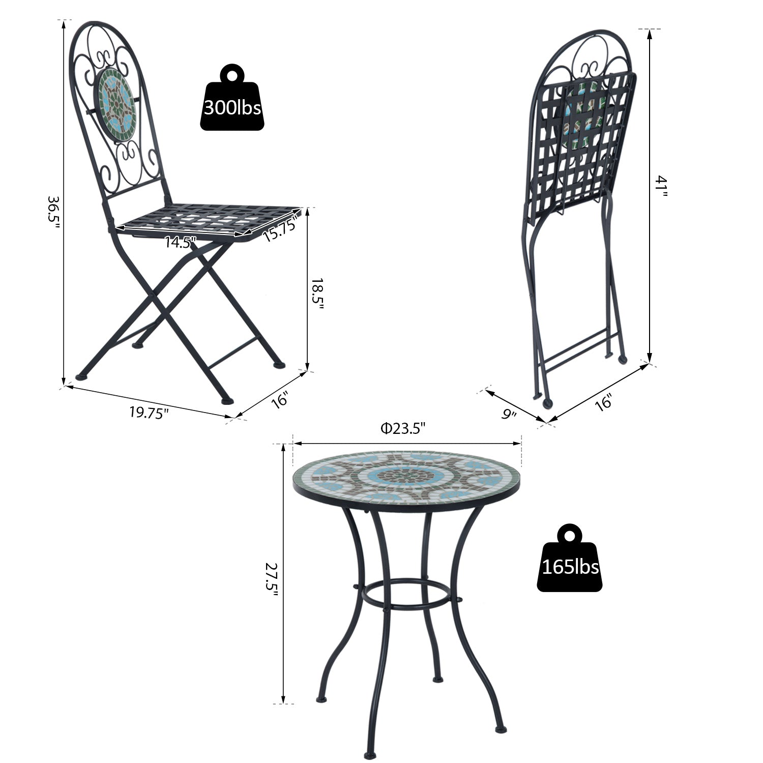 3pc Bistro Mosaic Set Dining Outdoor 2 Seater Folding Chairs