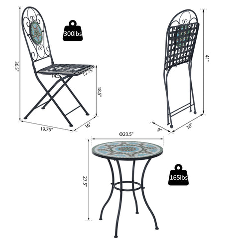 Image of 3pc Bistro Mosaic Set Dining Outdoor 2 Seater Folding Chairs