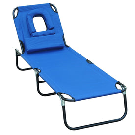 Adjustable Portable Garden Beach Sun Lounger Chair Bed with Headrest Reading Hole Design Blue