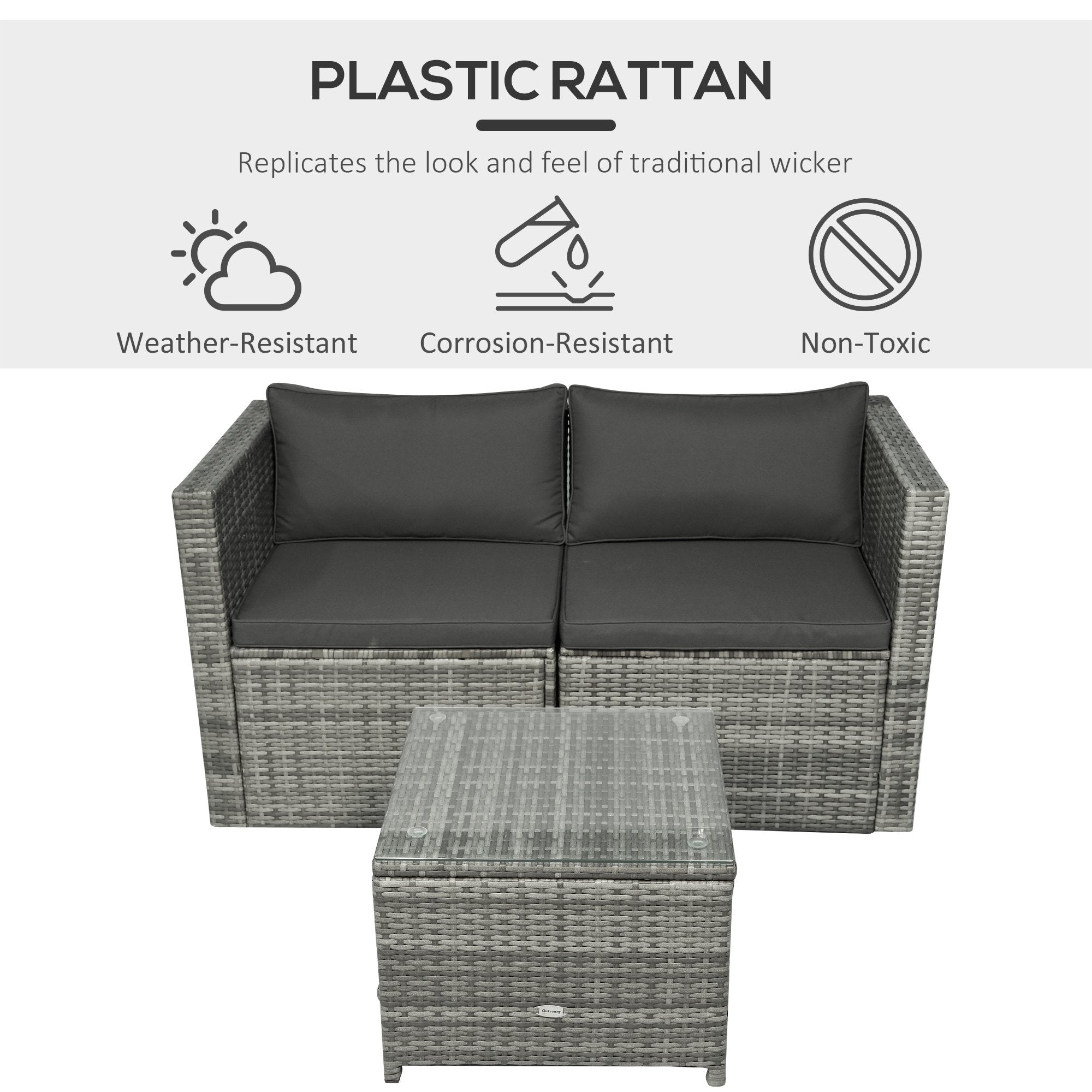 3 Pieces Patio PE Rattan Bistro Set Cushioned Armchair Sofa and Coffee Table Outdoor Furniture