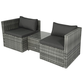 3 Pieces Patio PE Rattan Bistro Set Cushioned Armchair Sofa and Coffee Table Outdoor Furniture