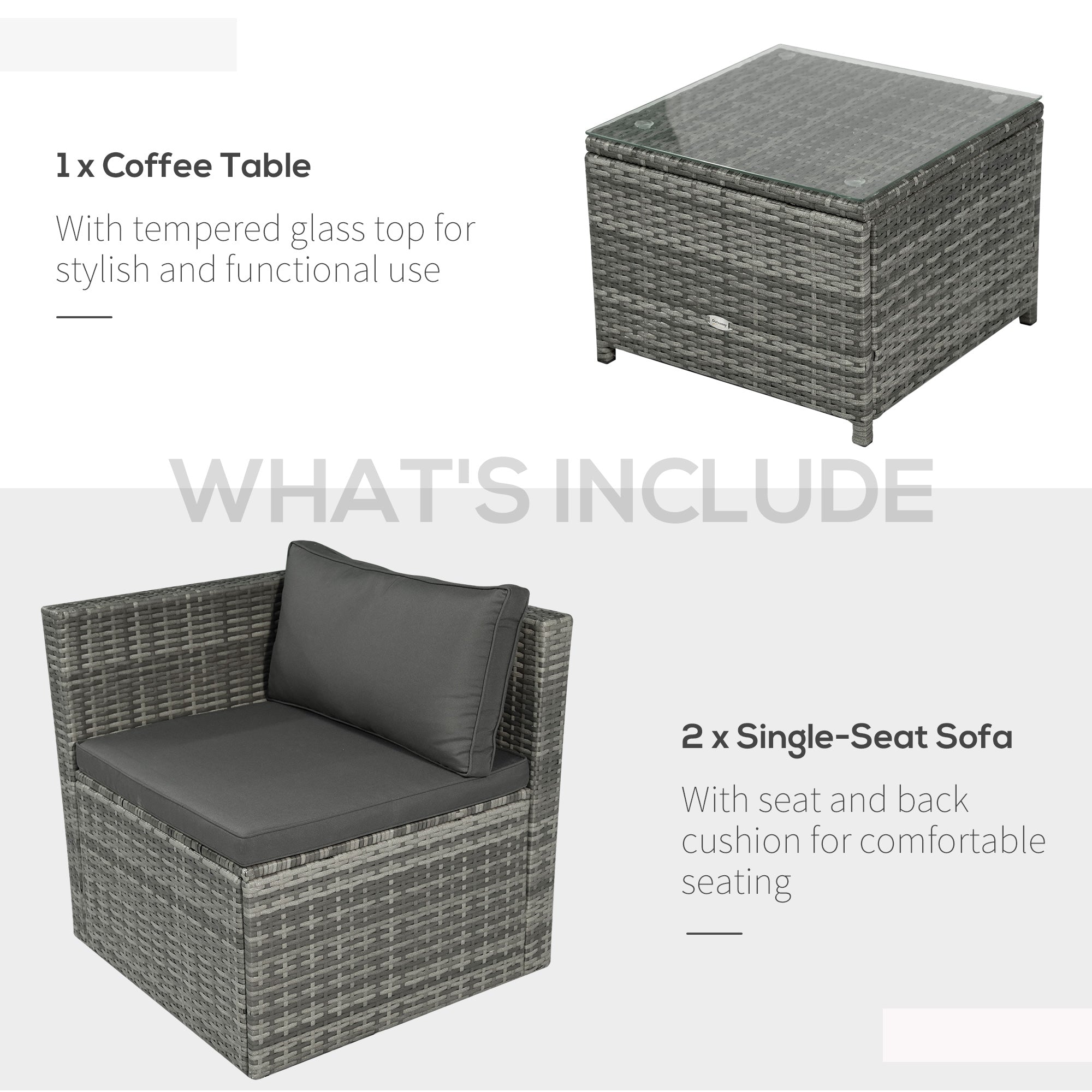 3 Pieces Patio PE Rattan Bistro Set Cushioned Armchair Sofa and Coffee Table Outdoor Furniture