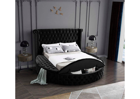Image of Black Velvet Fabric Bed with Deep Button Tufting and 3 Storage Benches
