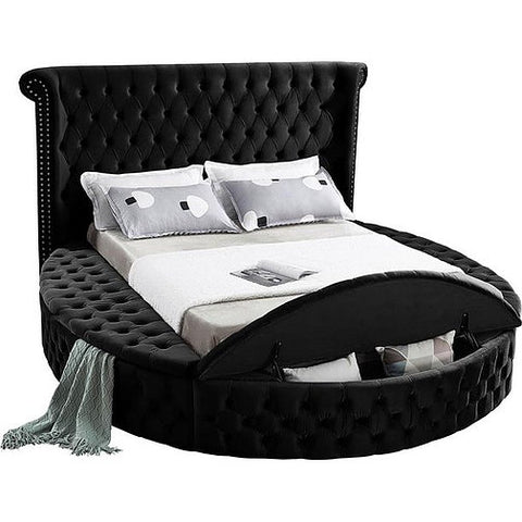 Image of Black Velvet Fabric Bed with Deep Button Tufting and 3 Storage Benches