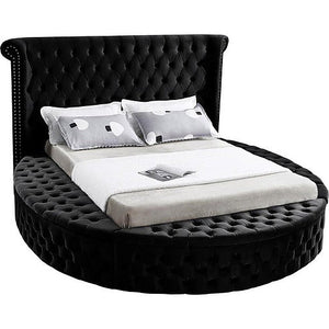 Black Velvet Fabric Bed with Deep Button Tufting and 3 Storage Benches