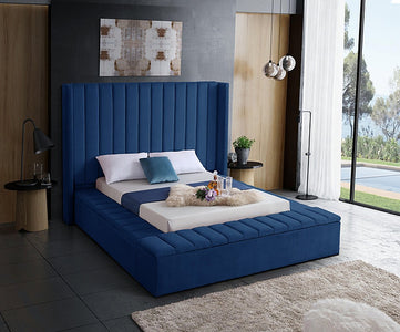 Blue Velvet Fabric Bed with channel tufting and 3 Storage Benches **Shipped in the GTA Area Only**