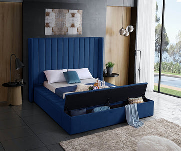 Blue Velvet Fabric Bed with channel tufting and 3 Storage Benches **Shipped in the GTA Area Only**