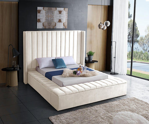 Image of Creme Velvet Fabric Bed with channel tufting and 3 Storage Benches
