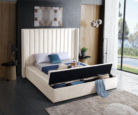 Image of Creme Velvet Fabric Bed with channel tufting and 3 Storage Benches
