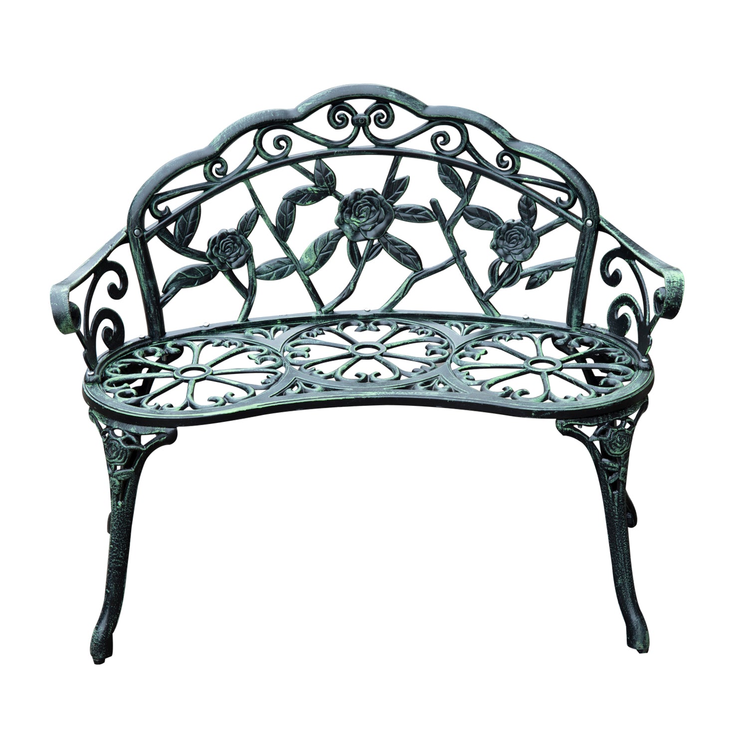 40” Patio Outdoor Flowering Pattern Garden Park Bench Chair Cast Aluminum Outdoor Furniture Antique Green