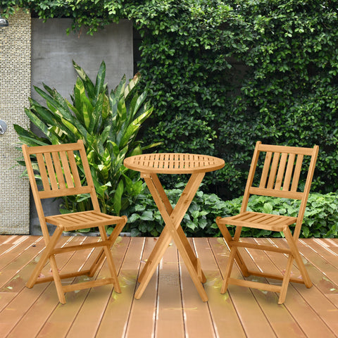 Image of 3 Piece Folding Patio Bistro Set Dining Table Set Table and 2 Chairs Acacia Wood