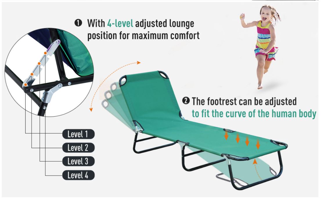 Folding Portable Beach Lounge Chair Reclining Patio Garden Sun Lounger Bed Camping Cot Green