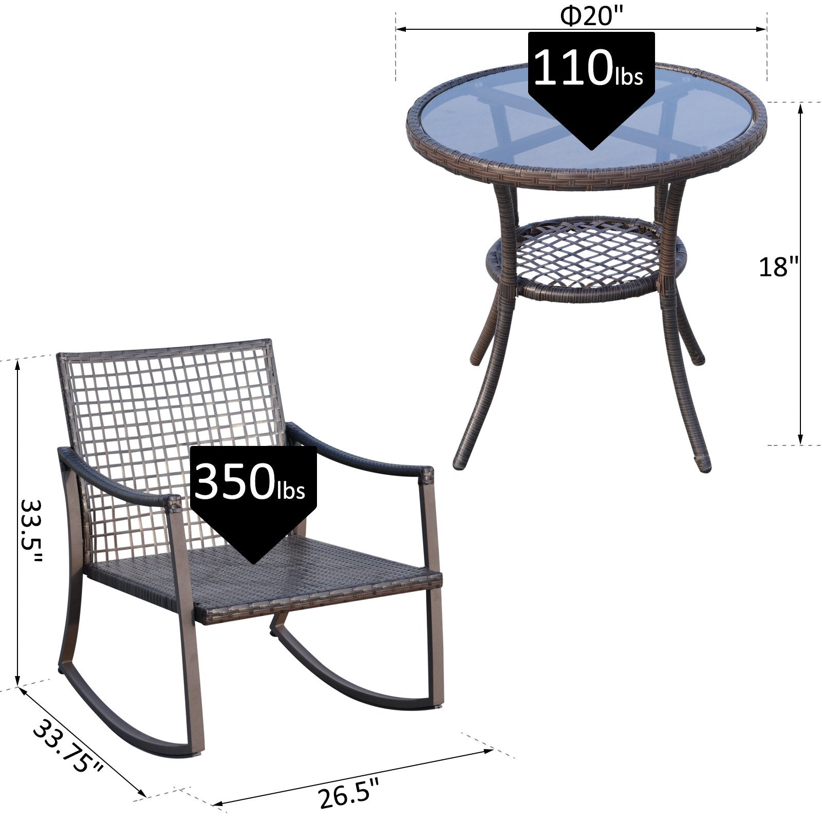 3pcs Garden Rocking Chair Set Outside Rocker Set Cushioned Seat