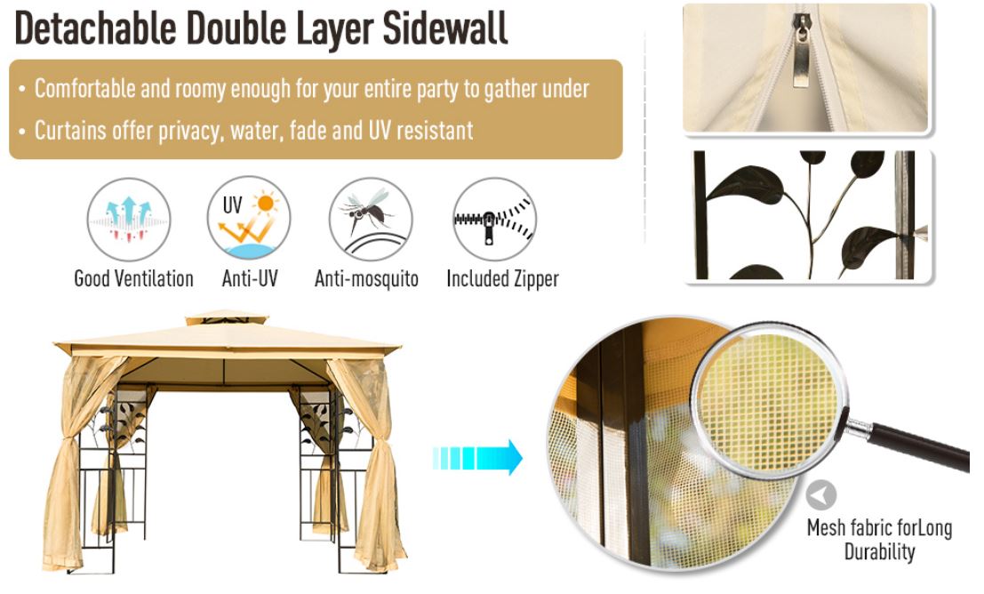 10'L x10'W Gazebo Canopy Waterproof Sun Shade Sun-shelter 2-tier UV Protect for Outdoor Patio, Beige