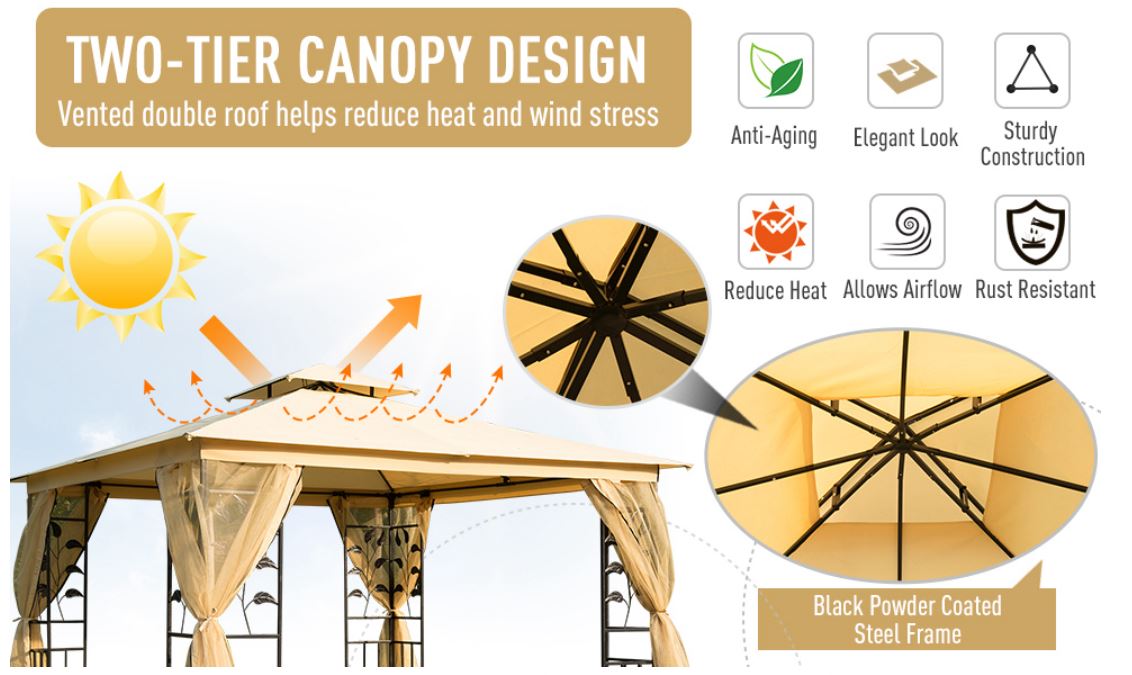 10'L x10'W Gazebo Canopy Waterproof Sun Shade Sun-shelter 2-tier UV Protect for Outdoor Patio, Beige