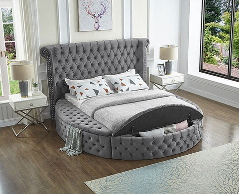 Image of Grey Velvet Fabric Bed with Deep Button Tufting and 3 Storage Benches