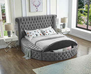 Grey Velvet Fabric Bed with Deep Button Tufting and 3 Storage Benches