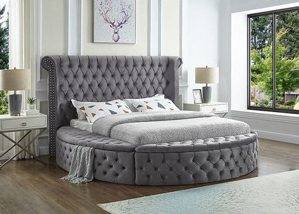Grey Velvet Fabric Bed with Deep Button Tufting and 3 Storage Benches
