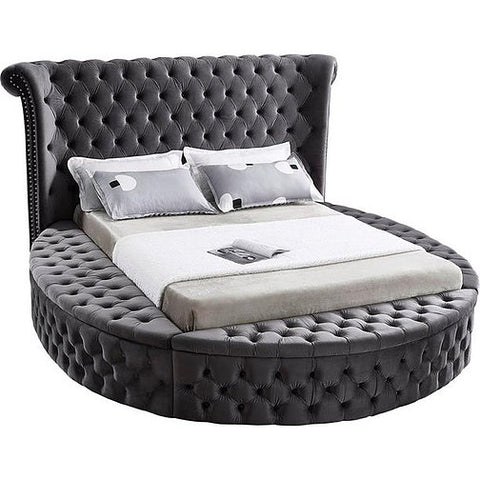 Image of Grey Velvet Fabric Bed with Deep Button Tufting and 3 Storage Benches