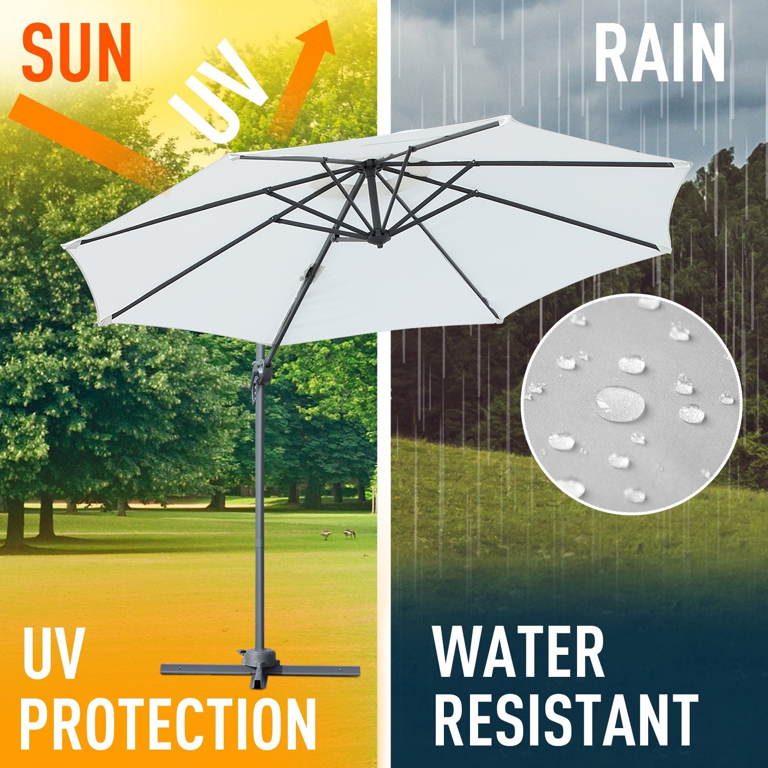 10ft Hanging Roma Offset Umbrella 360° Rotation w/ Cross Base Cream