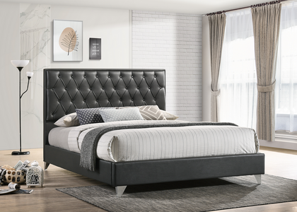 Grey PU Bed With Diamond Pattern Button Details and Chrome Legs