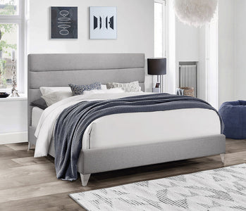 Grey Fabric Bed with Horizontal Deep Tufted Panels and Chrome Legs - NEW ARRIVAL! SEPT 20