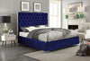 Blue Velvet Fabric with Deep Tufting and Chrome Trim on Headboard