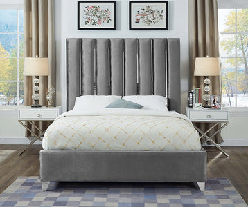 Platform Bed With Velvet Fabric And Chrome Legs - Grey
