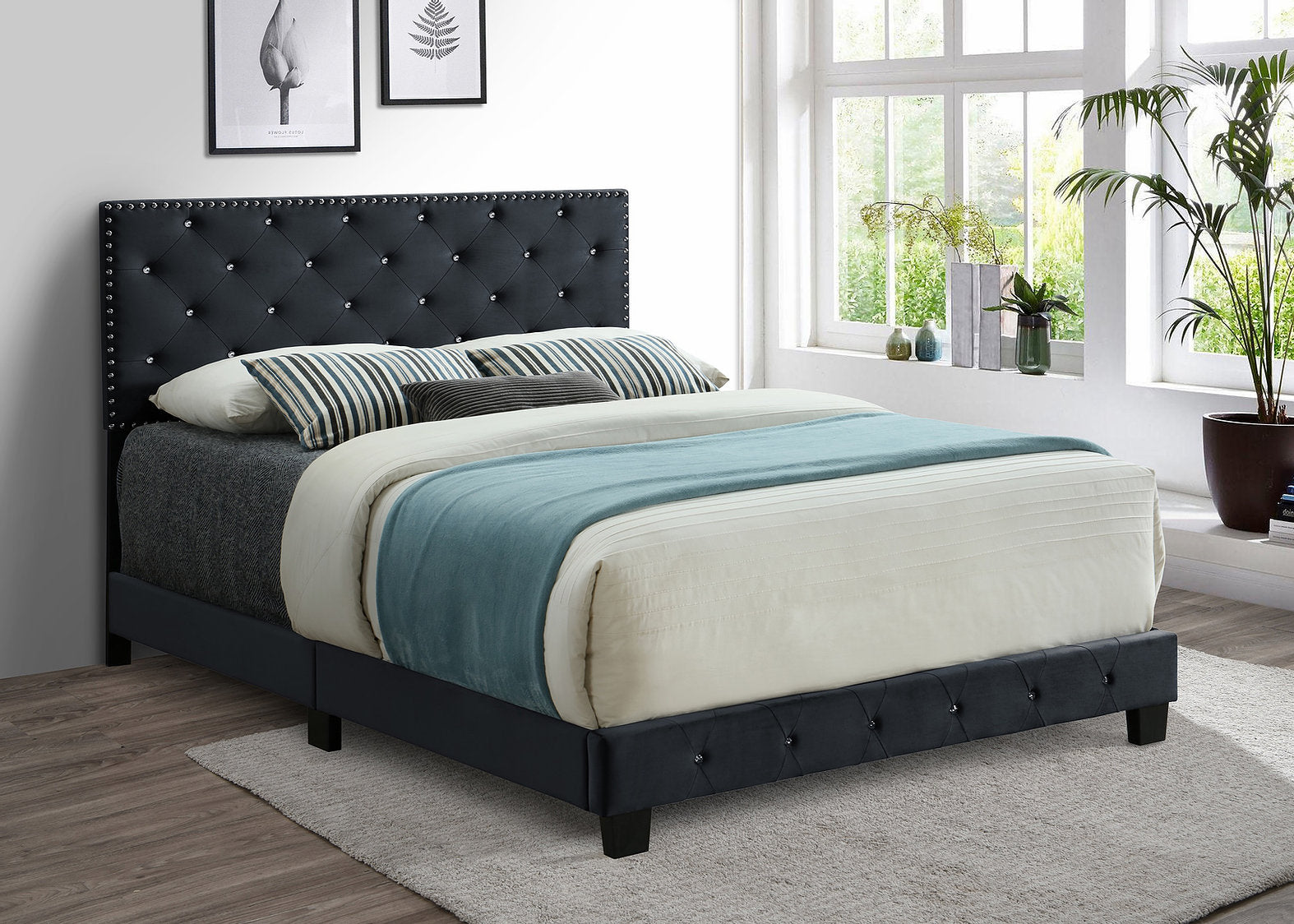 Black Velvet Bed with Nailhead Rhinestone Details - NEW ARRIVAL! OCT 2021