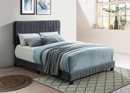 Grey Velvet Bed with Vertical Deep Tufting