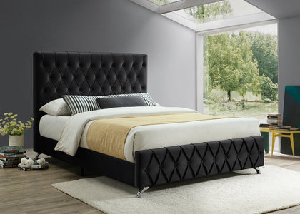 Black Velvet Bed with Diamond Pattern Button Details and Chrome Legs - COMING SOON