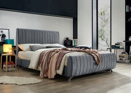 Grey Velvet Bed with Deep Tufting and Chrome Legs