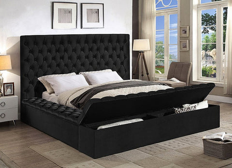 Image of Black Velvet Fabric Bed with 3 Storage Benches - COMING SOON END OF 2021