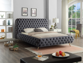 Grey Velvet Fabric Bed with Extra Deep Button Tufting and Sleek Chrome Leg