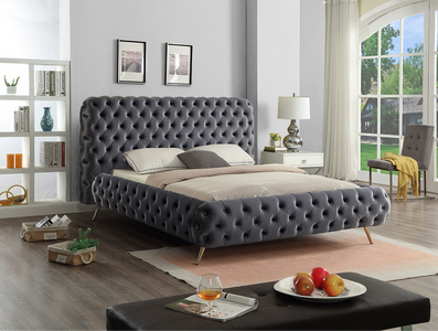 Grey Velvet Fabric Bed with Extra Deep Button Tufting and Sleek Chrome Leg
