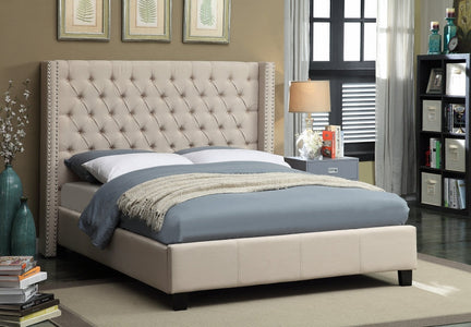 Beige Fabric Wing Bed with Deep Button Tufting and Nailhead Details