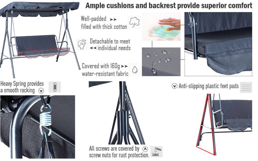 Metal 3-Seater Outdoor Patio Swing with Canopy Cushioned Garden Lounger Brown