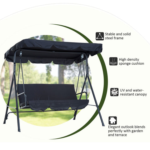 Image of Metal 3-Seater Outdoor Patio Swing with Canopy Cushioned Garden Lounger Black