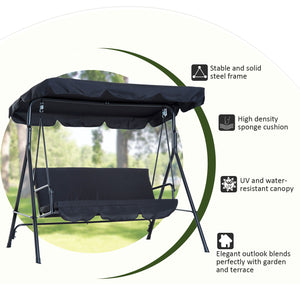Metal 3-Seater Outdoor Patio Swing with Canopy Cushioned Garden Lounger Black