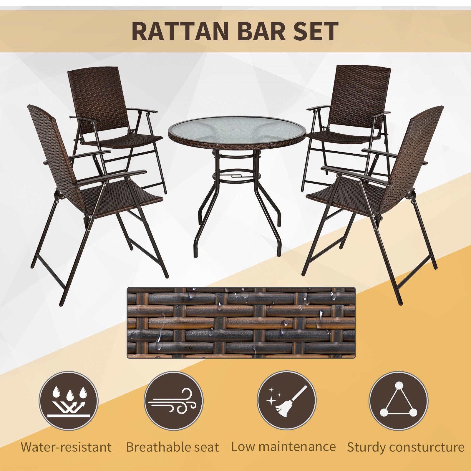 Rattan Wicker Patio Bar Chair Set UV Resistant Garden Furniture Set Outdoor & Indoor w/ Glass & Umbrella Hole Table Brown