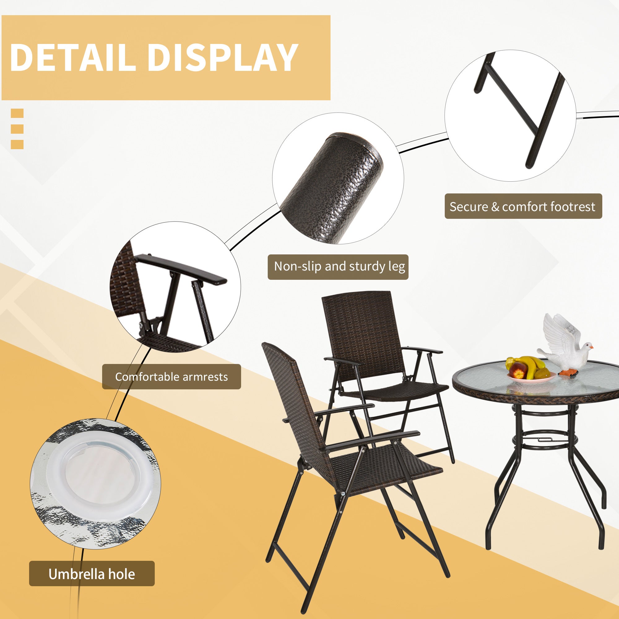 Rattan Wicker Patio Bar Chair Set UV Resistant Garden Furniture Set Outdoor & Indoor w/ Glass & Umbrella Hole Table Brown