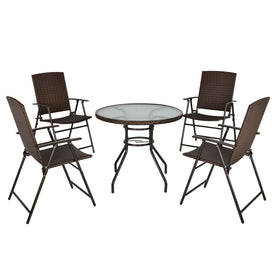 Rattan Wicker Patio Bar Chair Set UV Resistant Garden Furniture Set Outdoor & Indoor w/ Glass & Umbrella Hole Table Brown