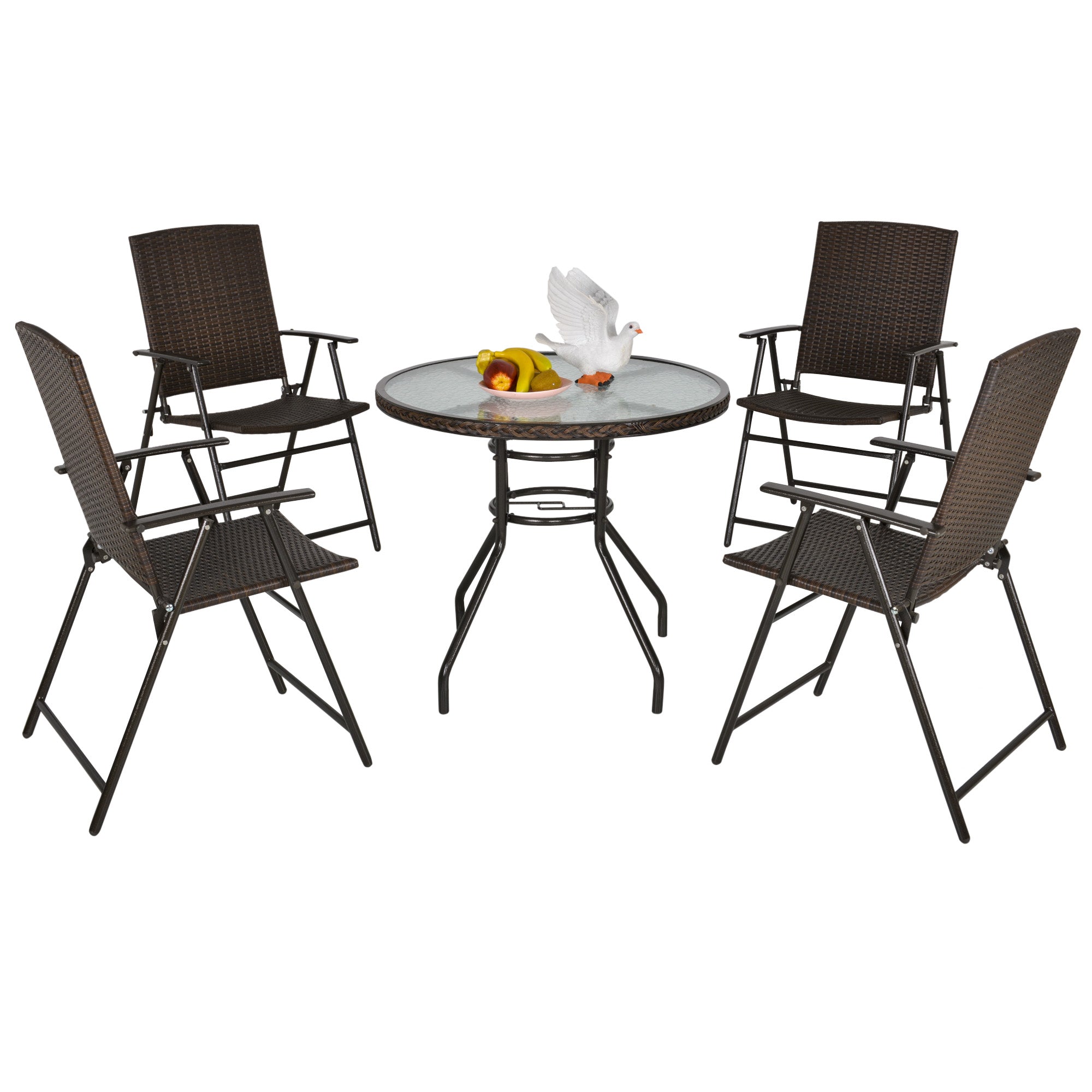 Rattan Wicker Patio Bar Chair Set UV Resistant Garden Furniture Set Outdoor & Indoor w/ Glass & Umbrella Hole Table Brown
