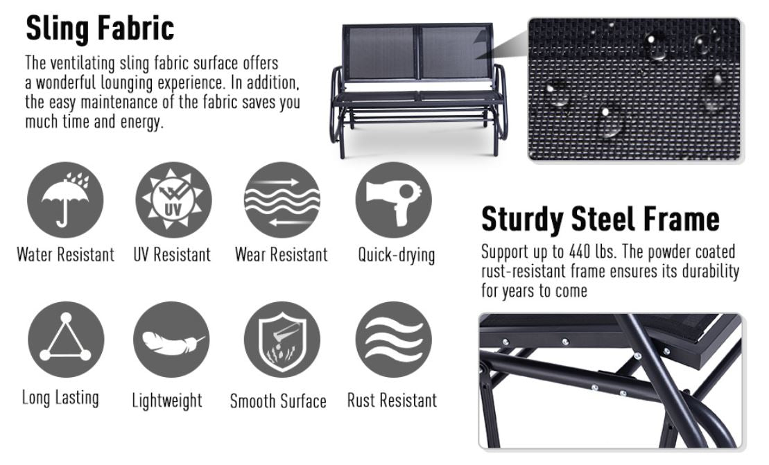 Patio Double Glider Bench Swing Chair Rocker Heavy-Duty Outdoor Garden Black