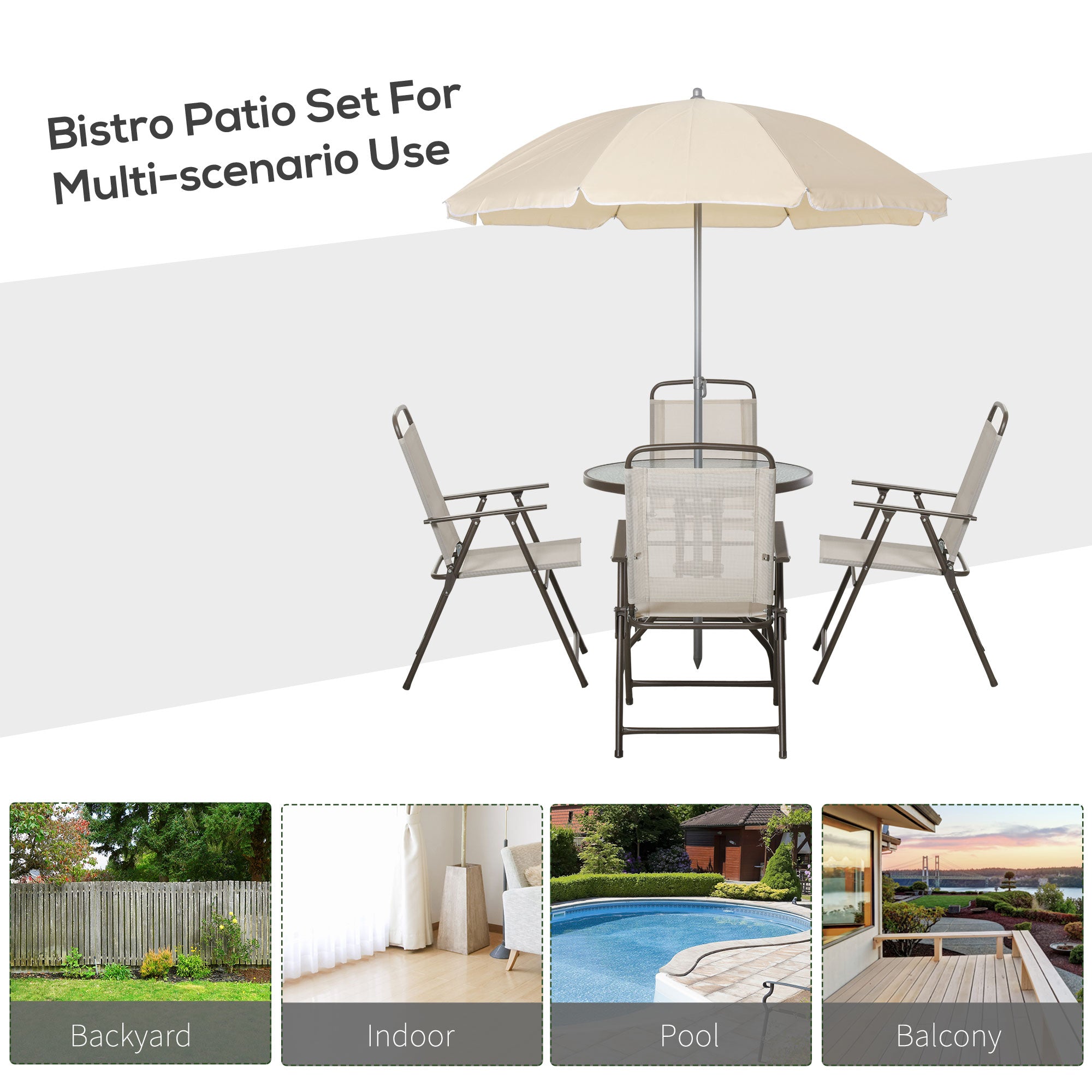 6Pc Patio Umbrella Set Garden Bistro Table Foldable Chairs Outdoor Furniture Cream-white
