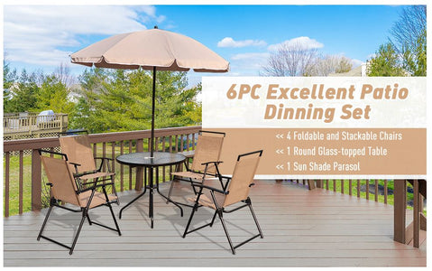 6Pc Patio Umbrella Set Garden Bistro Table Foldable Chairs Outdoor Furniture Cream-white