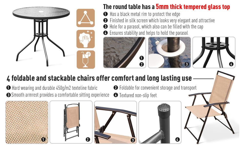 6Pc Patio Umbrella Set Garden Bistro Table Foldable Chairs Outdoor Furniture Cream-white